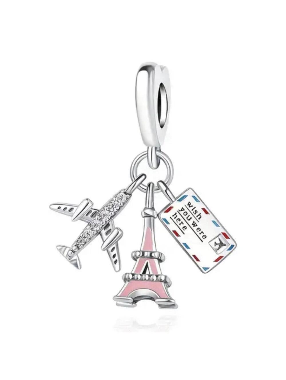 Travel Dangle Charm Eiffel Tower Airplane Postcard Fits Snake Chain Bracelet